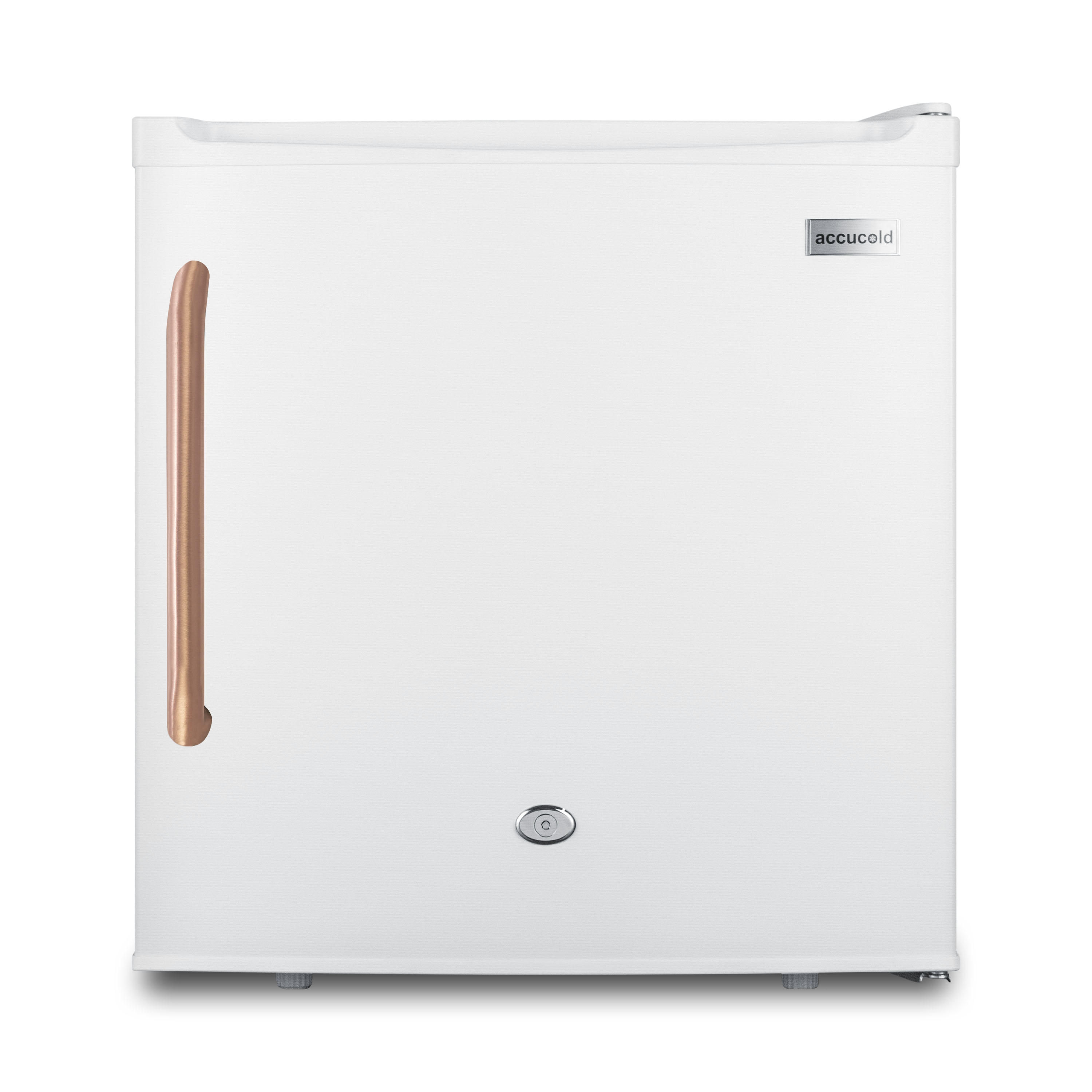 Compact 1.7 cu.ft. all-refrigerator in white with pure copper handle, automatic defrost, front lock, and flat door liner
